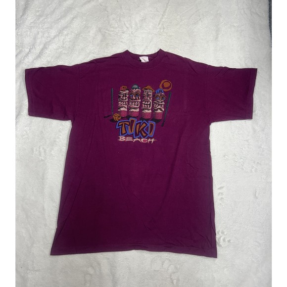 Vtg 90s I Dig Sports, Single Stitch Maroon Tiki Beach Graphic T-Shirt Size Large - Picture 1 of 8